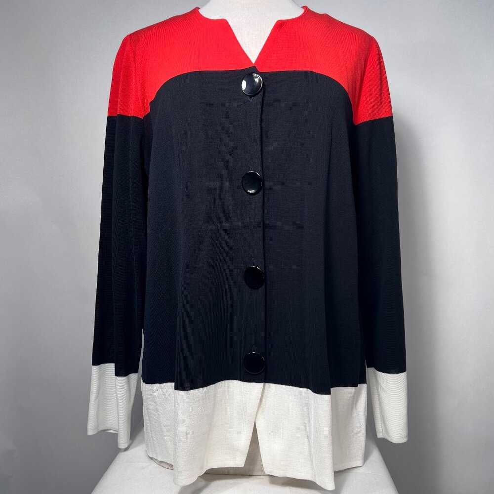 NWT Misook exclusively red white and black color block button‎ down knit sweater